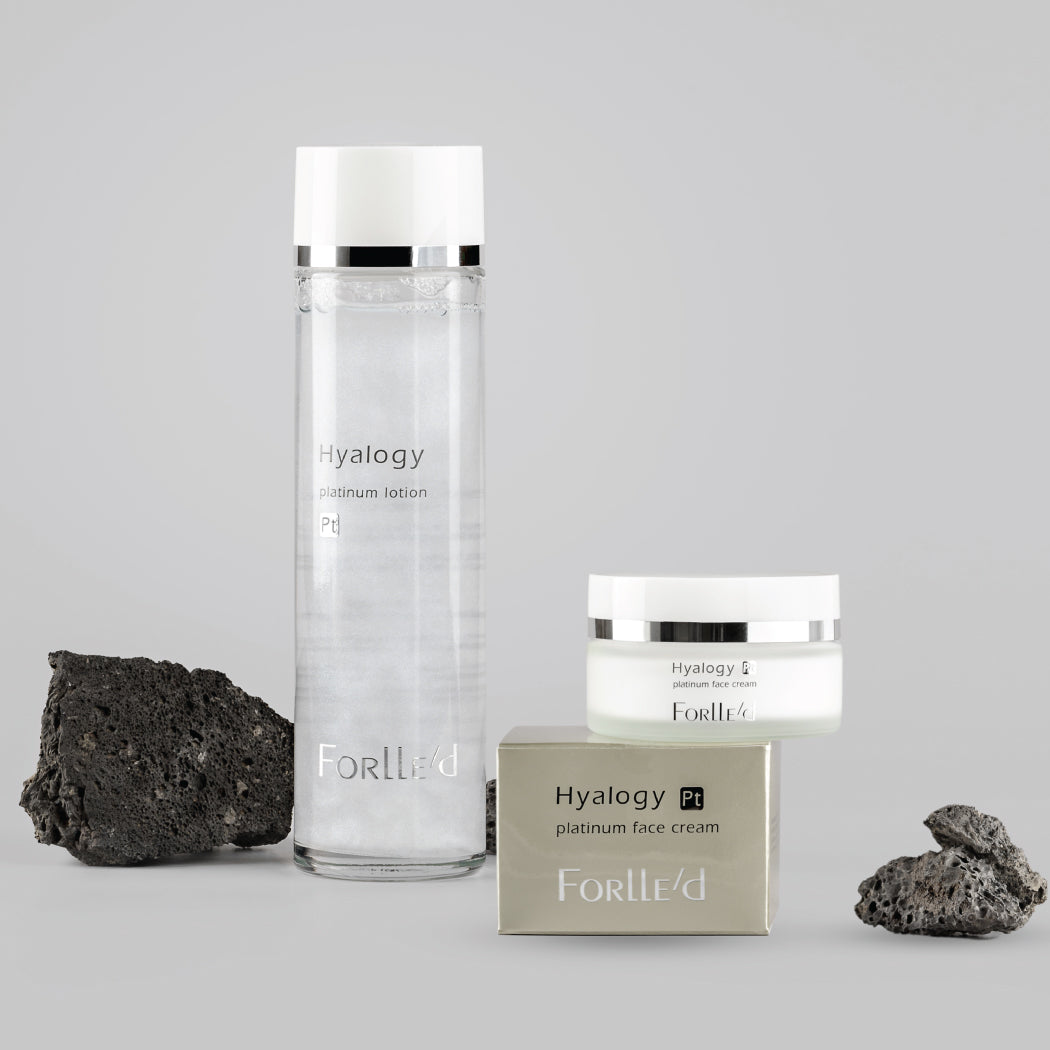 Hyalogy Platinum Face Cream. Jauninantis kremas su jonizuota platina ir Hyalogy platinum lotion odos priežiūros rinkinys Forlle&