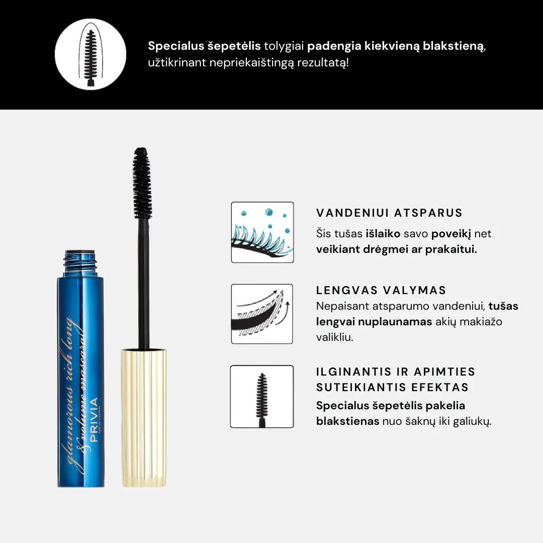 PRIVIA Glamorous Rich Long & Volume Mascara. Apimtį didinantis ir ilginantis blakstienų tušas PRIVIA