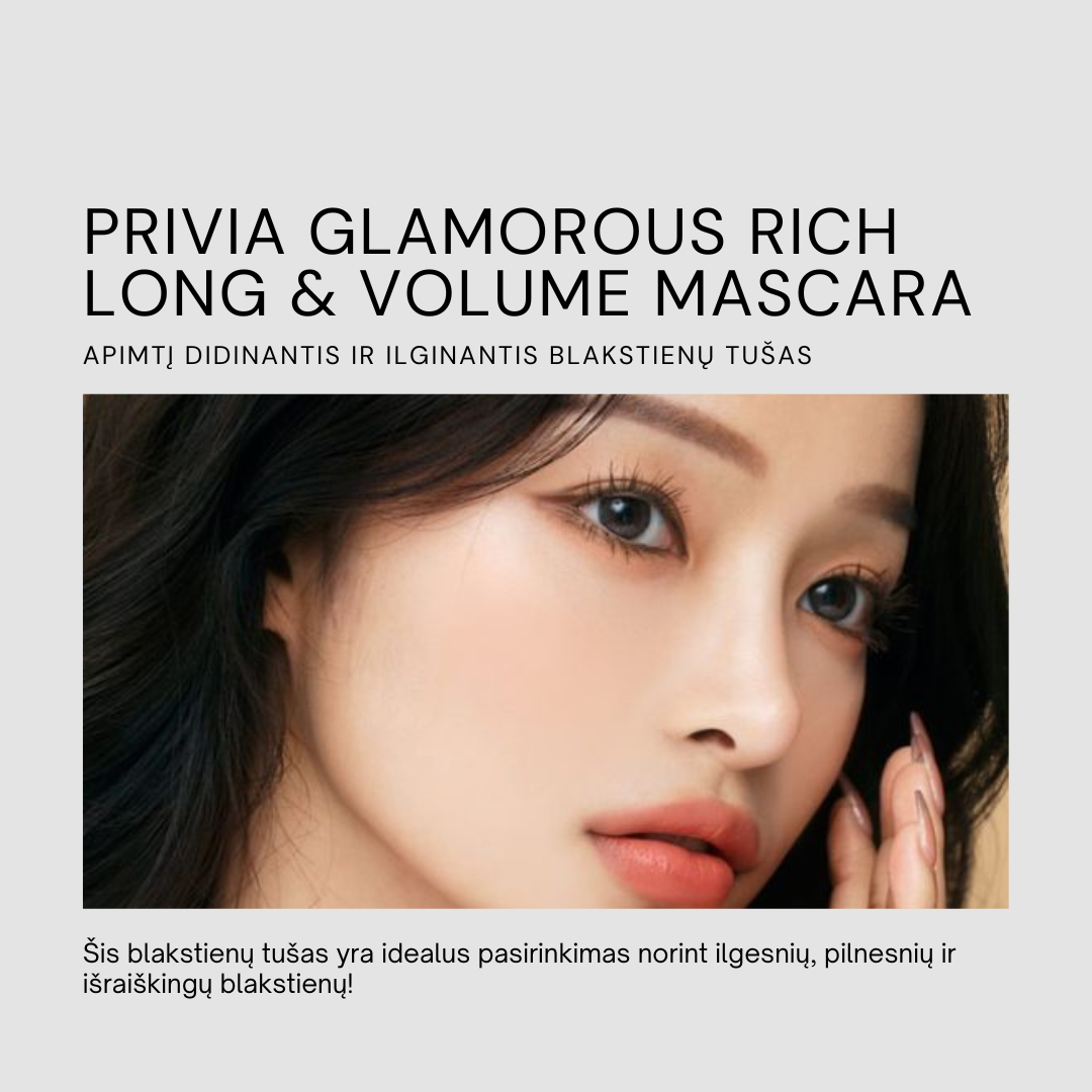 PRIVIA Glamorous Rich Long &amp; Volume Mascara. Apimtį didinantis ir ilginantis blakstienų tušas PRIVIA