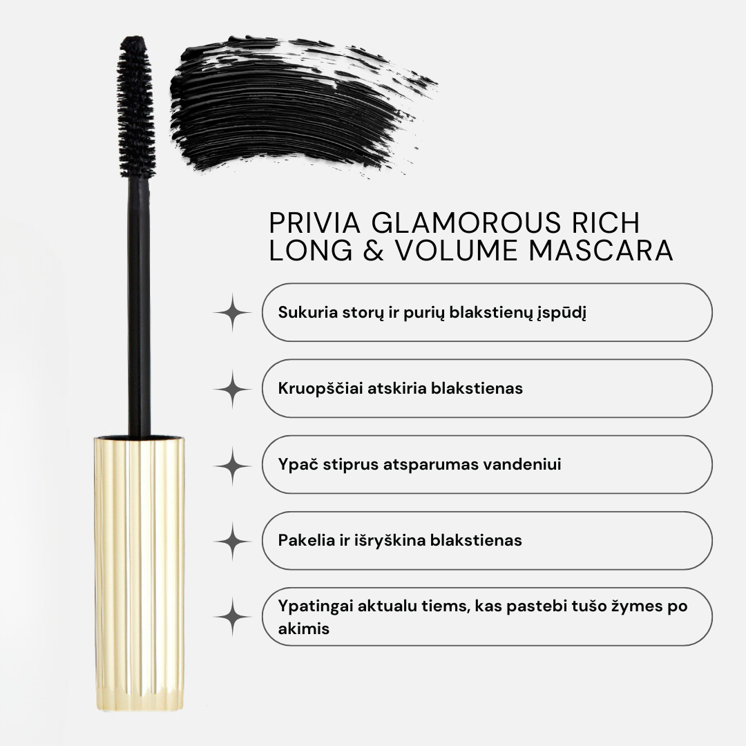 PRIVIA Glamorous Rich Long &amp; Volume Mascara. Apimtį didinantis ir ilginantis blakstienų tušas PRIVIA