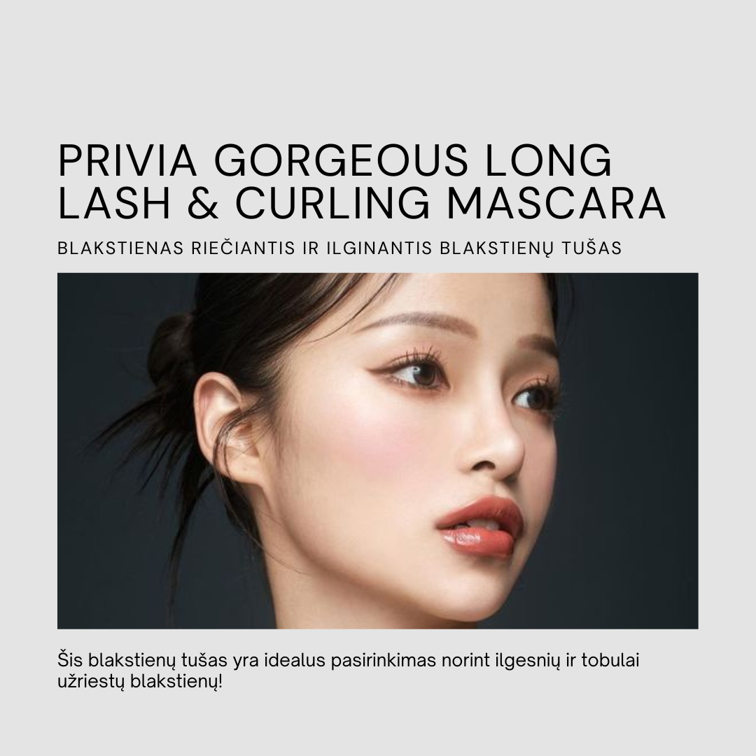 PRIVIA Gorgeous Long Lash &amp; Curling Mascara. Blakstienas riečiantis ir ilginantis blakstienų tušas PRIVIA