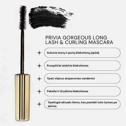 PRIVIA Gorgeous Long Lash &amp; Curling Mascara. Blakstienas riečiantis ir ilginantis blakstienų tušas PRIVIA