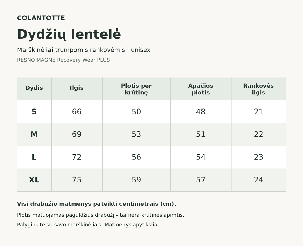 „Colantotte“ marškinėlių trumpomis rankovėmis dydžių lentelė: S, M, L ir XL drabužio matmenys centimetrais.