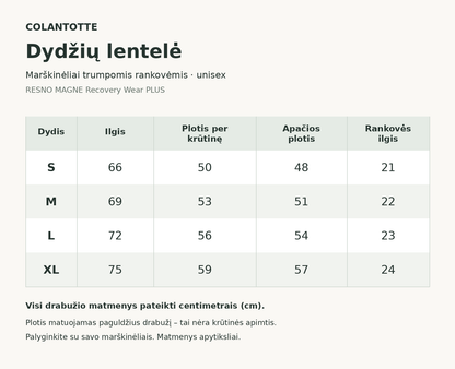 „Colantotte“ marškinėlių trumpomis rankovėmis dydžių lentelė: S, M, L ir XL drabužio matmenys centimetrais.