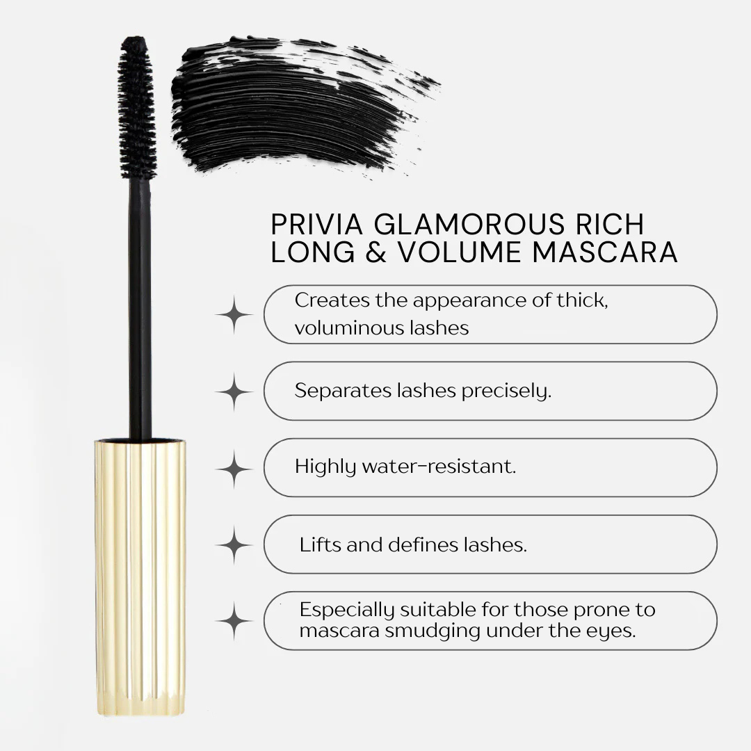 PRIVIA Glamorous Rich Long &amp; Volume Mascara. Apimtį didinantis ir ilginantis blakstienų tušas PRIVIA